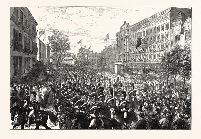 THE CENTENNIAL CELEBRATION OF AMERICAN INDEPENDENCE: THE FOURTH OF JULY AT PHILADELPHIA: THE MILITARY PROCESSION, CITY TROOPS PASSING THROUGH BROAD-STREET, 1876