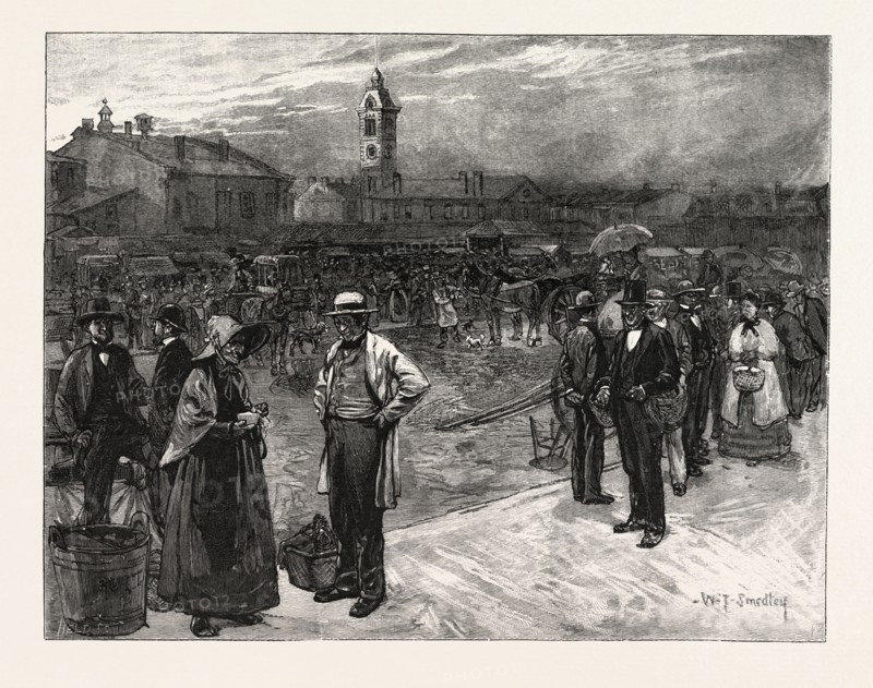 MARKET DAY, HAMILTON, CANADA, NINETEENTH CENTURY ENGRAVING