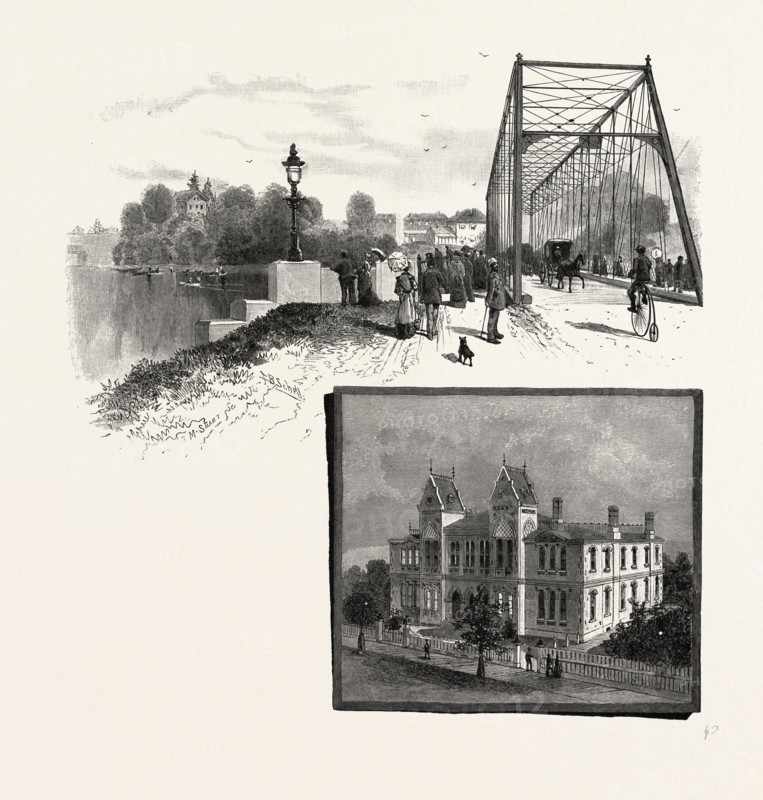 LORNE BRIDGE, BRANTFORD (TOP), COLLEGIATE INSTITUTE, BRANTFORD (BOTTOM), CANADA, NINETEENTH CENTURY ENGRAVING