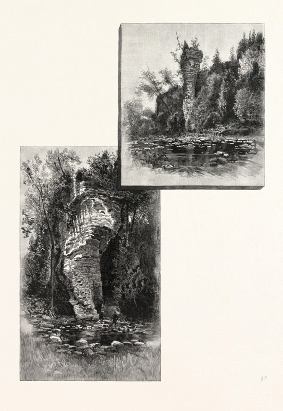 LOVER'S LEAP, ELORA (LEFT); WATCH-TOWER ROCK, IRVINE RIVER (RIGHT), CANADA, NINETEENTH CENTURY ENGRAVING