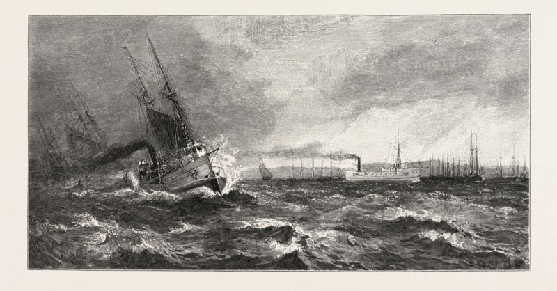 RIDING OUT A SOU'WESTER UNDER LEE OF LONG POINT, CANADA, NINETEENTH CENTURY ENGRAVING