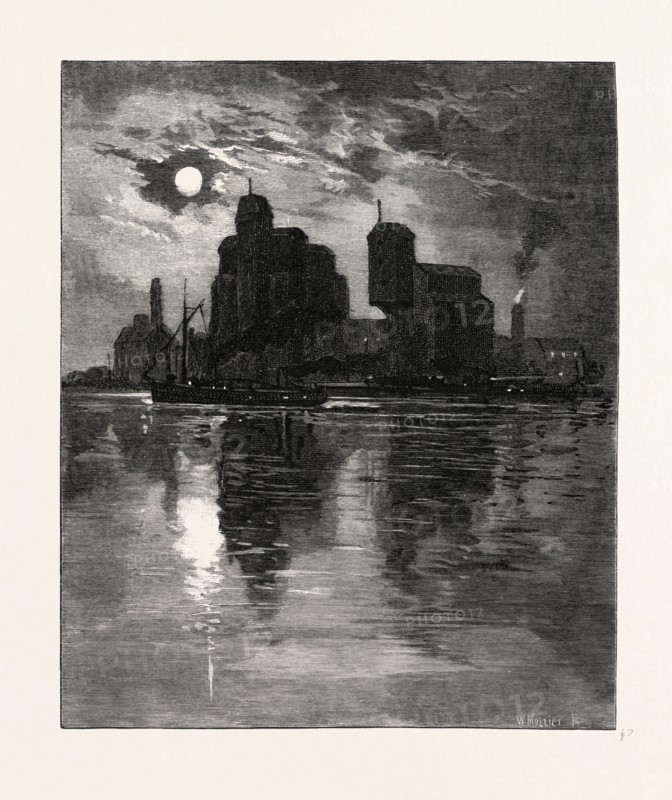 RIVERSIDE GRANARIES, CANADA, NINETEENTH CENTURY ENGRAVING
