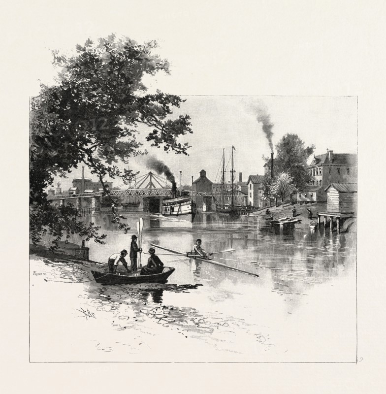 LOOKING UP THE THAMES, CHATHAM, CANADA, CANADA, NINETEENTH CENTURY ENGRAVING
