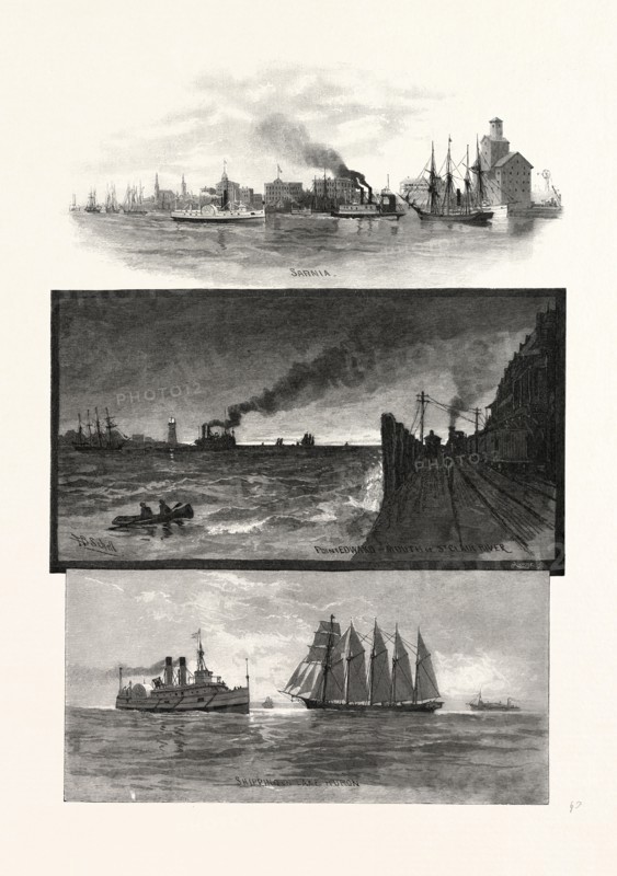 FROM SARNIA TO LAKE HURON, POINT EDWARD, MOUTH OF ST. CLAIR RIVER, CANADA, NINETEENTH CENTURY ENGRAVING