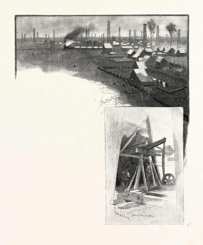 OIL DERRICKS, PETROLEA (TOP); DRILLING A WELL (BOTTOM), CANADA, NINETEENTH CENTURY ENGRAVING