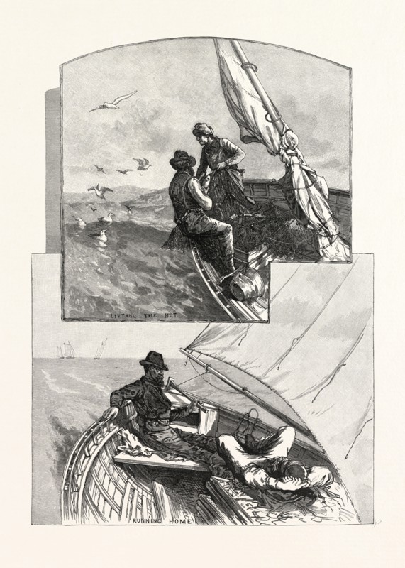 WITH THE FISHERMEN ON LAKE HURON, CANADA, NINETEENTH CENTURY ENGRAVING