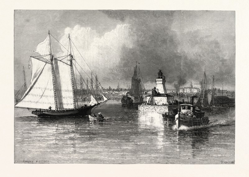 THE HARBOUR-MOUTH, COBOURG, CANADA, NINETEENTH CENTURY ENGRAVING