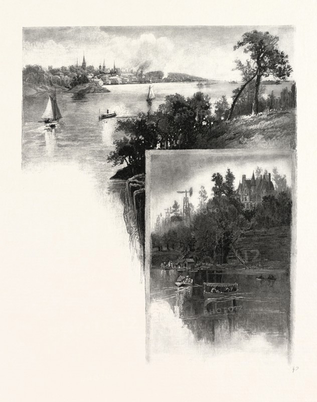 EASTERN ONTARIO, BROCKVILLE (TOP); THE RIVERSIDE, BROCKVILLE (BOTTOM), CANADA, NINETEENTH CENTURY ENGRAVING