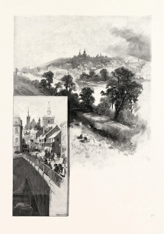 SOUTH EASTERN QUEBEC, SHERBROOKE (RIGHT), COMMERCIAL STREET (LEFT), CANADA, NINETEENTH CENTURY ENGRAVING