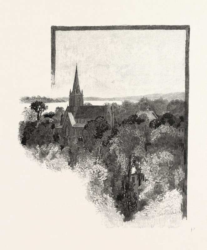 NEW BRUNSWICK, A VIEW IN FREDERICTON, CANADA, NINETEENTH CENTURY ENGRAVING