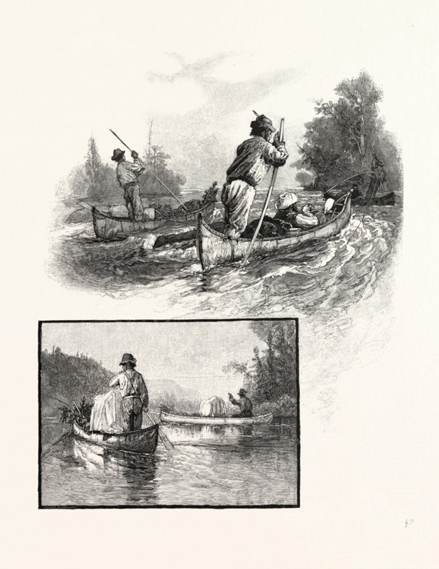 NEW BRUNSWICK, POLING UP AND PADDLING DOWN, CANADA, NINETEENTH CENTURY ENGRAVING