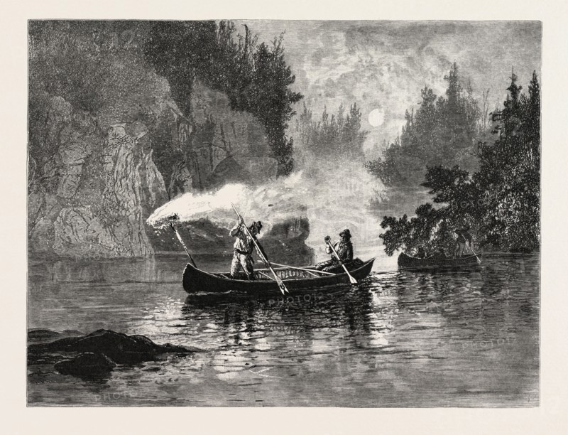 NEW BRUNSWICK, SPEARING SALMON BY NIGHT ON THE RESTIGOUCHE, CANADA, NINETEENTH CENTURY ENGRAVING