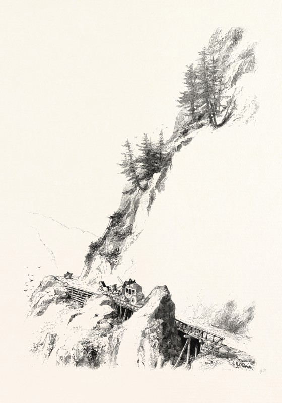 BRITISH COLUMBIA, WAGGON ROAD ON THE FRASER, CANADA, NINETEENTH CENTURY ENGRAVING