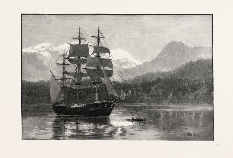 BRITISH COLUMBIA, PORT MOODY, VESSEL CONTAINING FIRST SHIPMENT OF CANADA PACIFIC R.R. IRON, CANADA, NINETEENTH CENTURY ENGRAVING