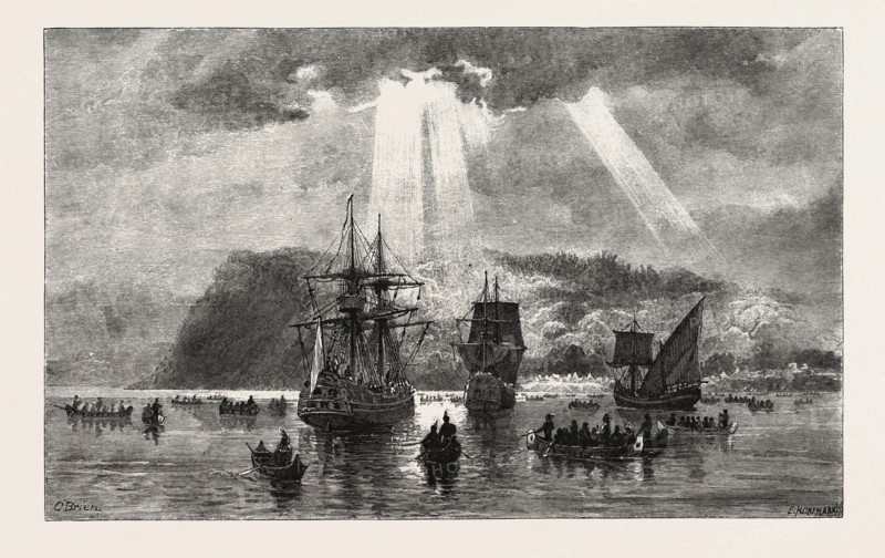 ARRIVAL OF JACQUES CARTIER AT STADACONA, CANADA, NINETEENTH CENTURY ENGRAVING