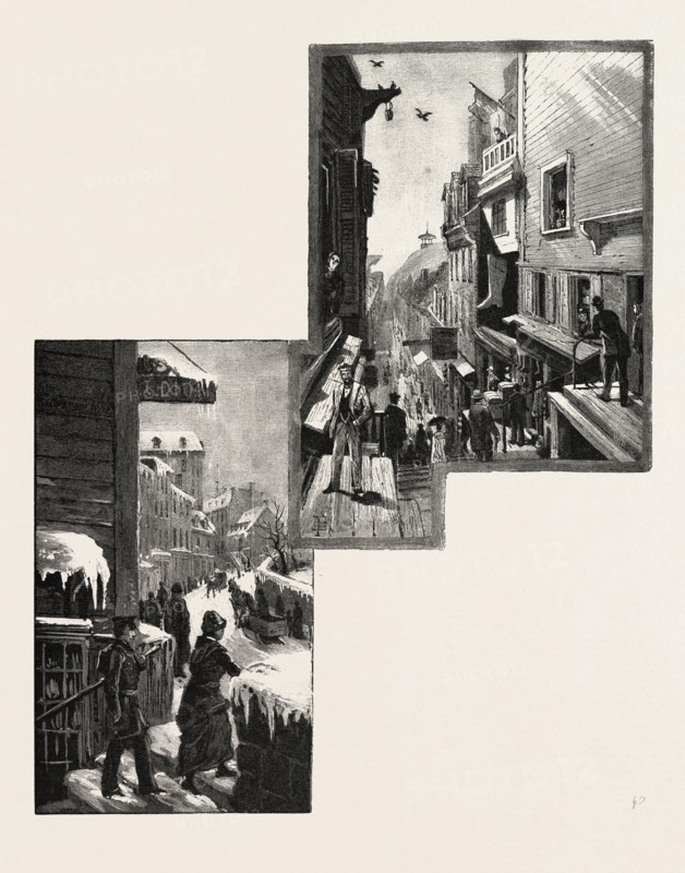 QUEBEC, MOUNTAIN HILL, FROM TOP OF BREAK-NECK STAIRS (LEFT); LITTLE CHAMPLAIN STREET, FROM HEAD OF BREAK-NECK STAIRS (RIGHT), CANADA, NINETEENTH CENTURY ENGRAVING