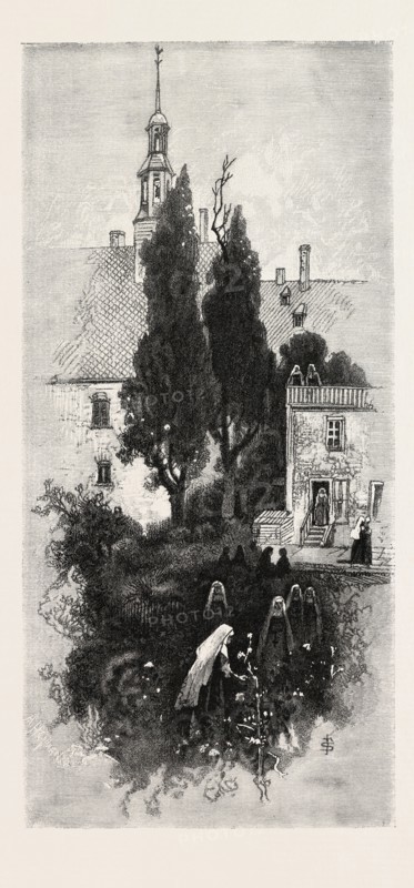 QUEBEC, IN THE GARDENS OF THE URSULINE CONVENT, CANADA, NINETEENTH CENTURY ENGRAVING