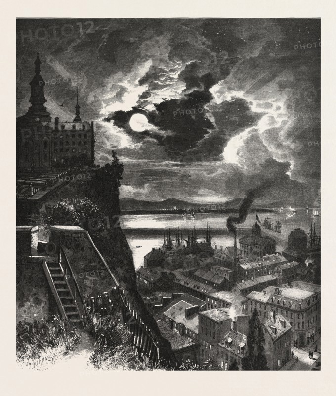 QUEBEC, OVERLOOKING NORTH CHANNEL, From Grand Battery and Laval University, CANADA, NINETEENTH CENTURY ENGRAVING