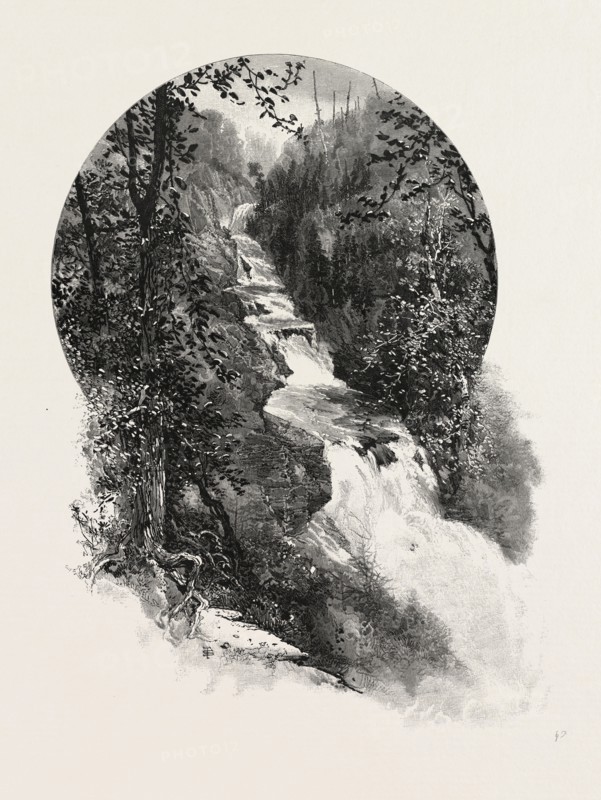 FRENCH CANADIAN LIFE, FALLS OF ST. FEREOL, CANADA, NINETEENTH CENTURY ENGRAVING