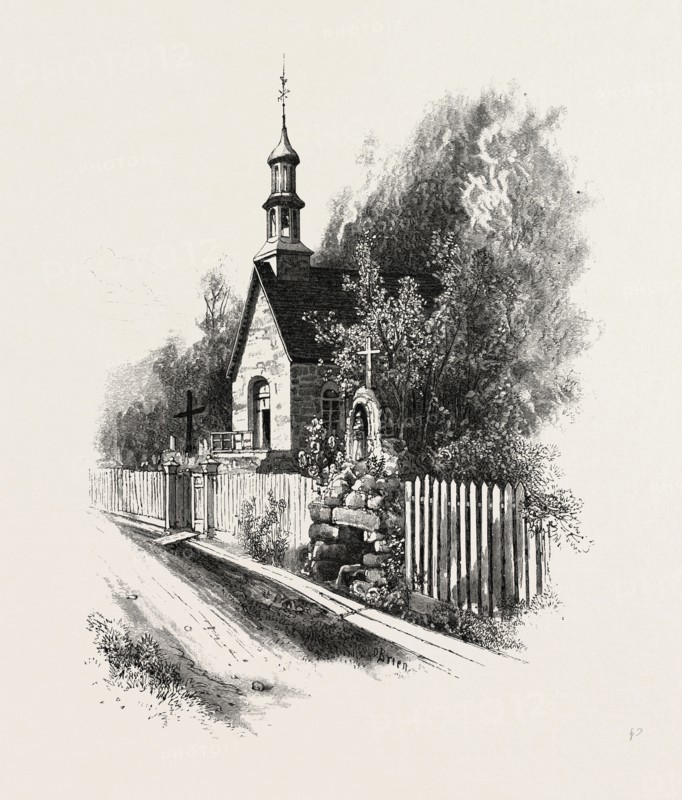 FRENCH CANADIAN LIFE, CHAPEL AND GROTTO AT STE. ANNE DE BEAUPRE, CANADA, NINETEENTH CENTURY ENGRAVING