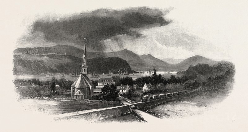 FRENCH CANADIAN LIFE, CAPE DIAMOND, FROM ST. ROMUALD, CANADA, NINETEENTH CENTURY ENGRAVING