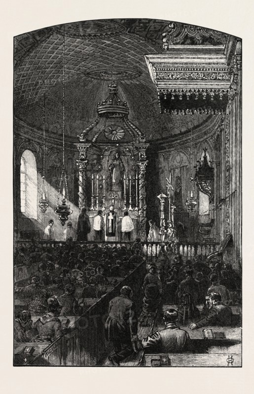 FRENCH CANADIAN LIFE, INTERIOR OF PARISH CHURCH, CANADA, NINETEENTH CENTURY ENGRAVING
