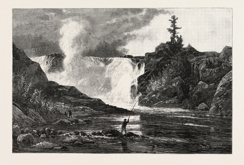 FRENCH CANADIAN LIFE, FALLS OF THE CHAUDIERE NEAR QUEBEC, CANADA, NINETEENTH CENTURY ENGRAVING