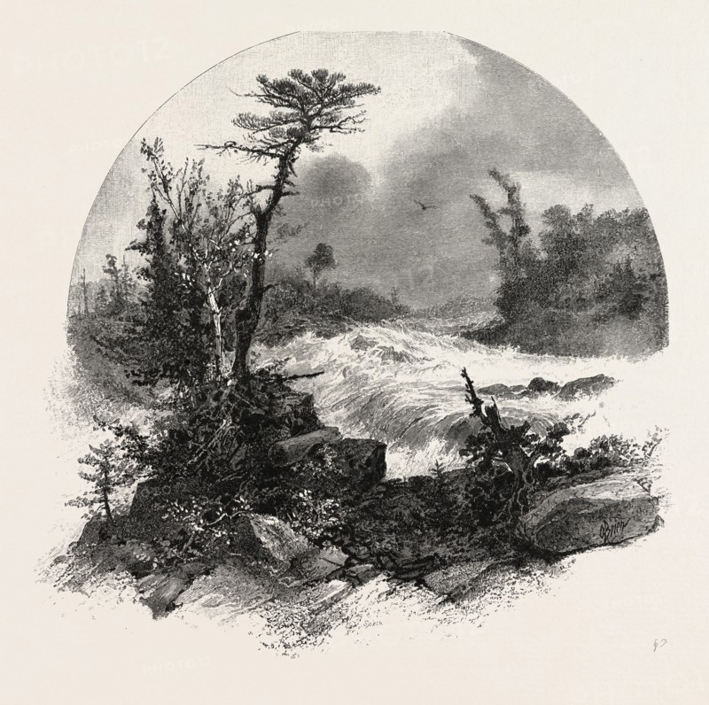 FRENCH CANADIAN LIFE, HEAD OF SHAWENEGAN FALLS, CANADA, NINETEENTH CENTURY ENGRAVING
