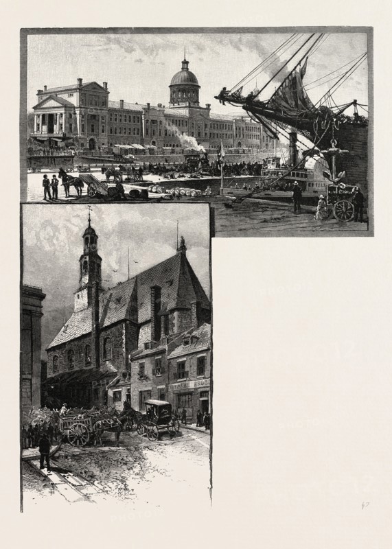 MONTREAL, COMMISIONER'S WHARF,  BONSECOURS MARKET AND BONSECOURS CHURCH, CANADA, NINETEENTH CENTURY ENGRAVING