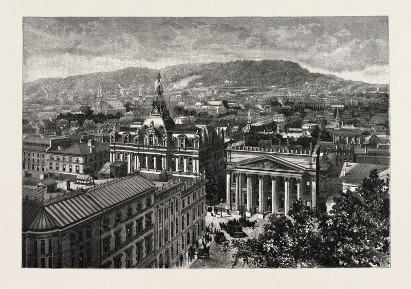 MONTREAL, FROM THE TOWERS OF NOTRE DAME, OVERLOOKING THE PLACE D'ARMES, CANADA, NINETEENTH CENTURY ENGRAVING