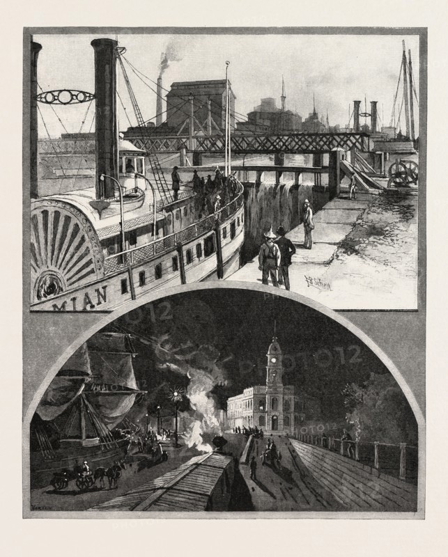 MONTREAL, STEAMER PASSING LOCKS, AND UNLOADING SHIPS BY ELECTRIC LIGHT, CANADA, NINETEENTH CENTURY ENGRAVING