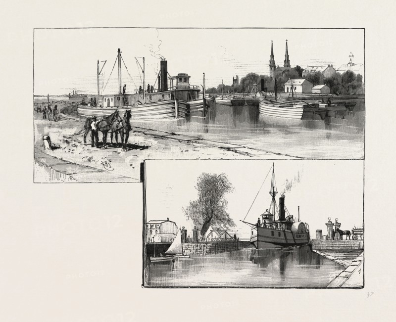 THE LOWER OTTAWA, CANAL AND LOCKS AT LACHINE, CANADA, NINETEENTH CENTURY ENGRAVING