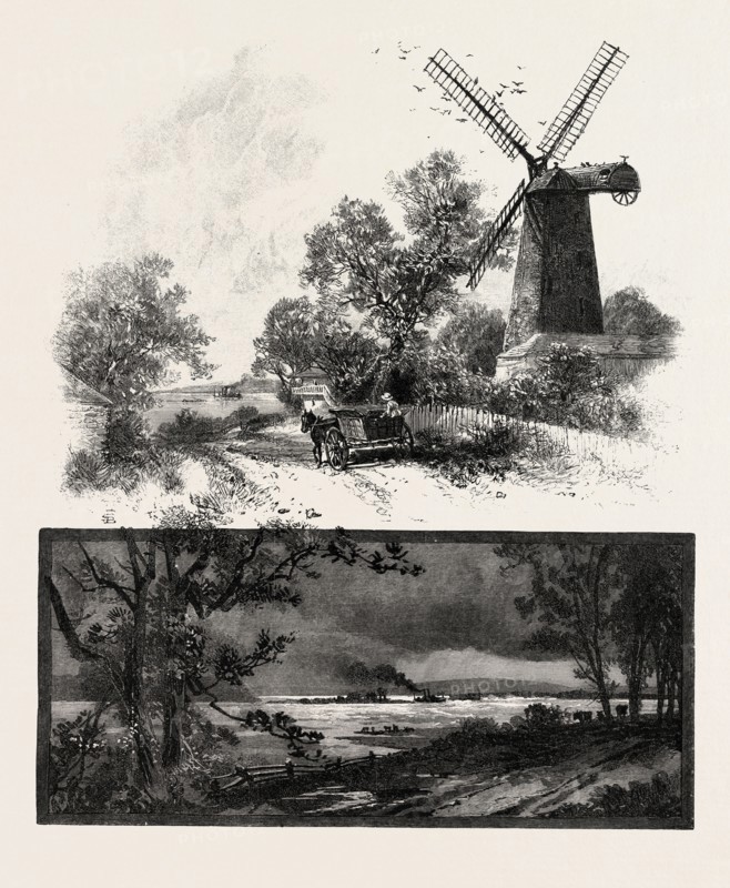 LOWER OTTAWA, OLD WINDMILL ON LACHINE ROAD, AND DISTANT VIEW OF LACHINE RAPIDS, CANADA, NINETEENTH CENTURY ENGRAVING