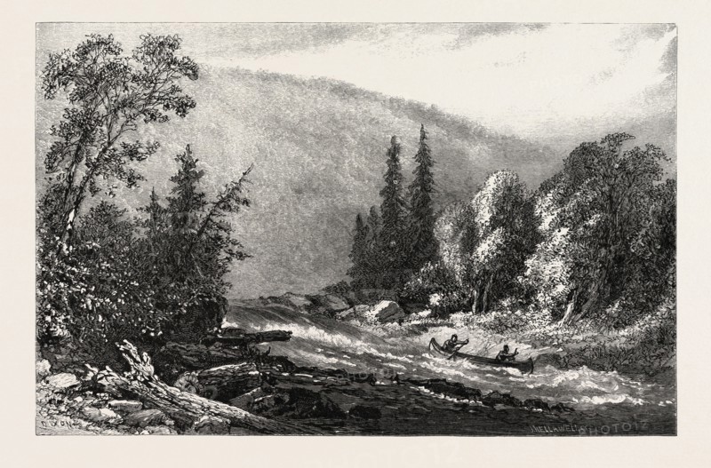 RUNNING THE RAPIDS, CANADA, NINETEENTH CENTURY ENGRAVING