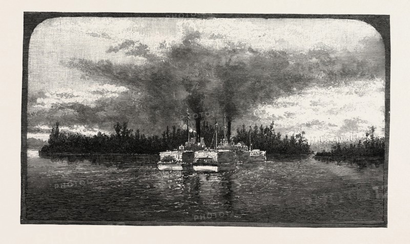 LOWER OTTAWA, A TOW OF LUMBER BARGES, CANADA, NINETEENTH CENTURY ENGRAVING