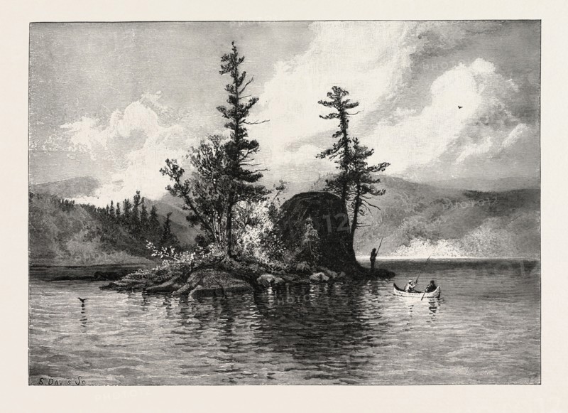 TROUT FISHING ON LAKE COMANDEAU, CANADA, NINETEENTH CENTURY ENGRAVING