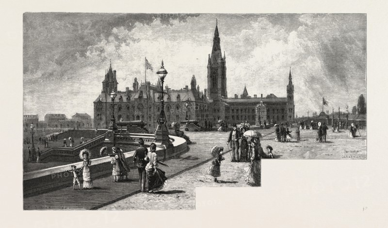 OTTAWA, WESTERN BLOCK, DEPARTMENTAL BUILDINGS, CANADA, NINETEENTH CENTURY ENGRAVING