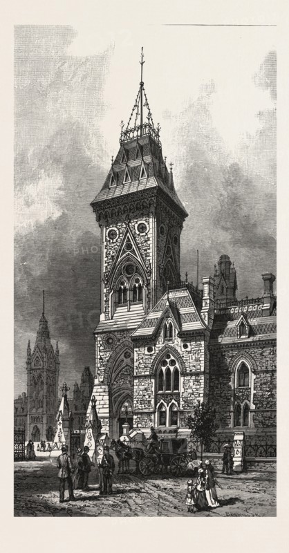 OTTAWA, TOWER OF EASTERN BLOCK, DEPARTMENTAL BUILDINGS, CANADA, NINETEENTH CENTURY ENGRAVING