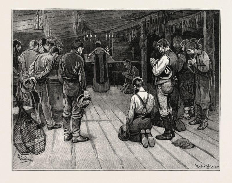 MASS IN A LUMBER SHANTY, LUMBERING, CANADA, NINETEENTH CENTURY ENGRAVING