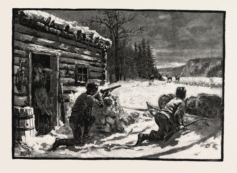 A SETTLER'S SHANTY, , LUMBERING, CANADA, NINETEENTH CENTURY ENGRAVING