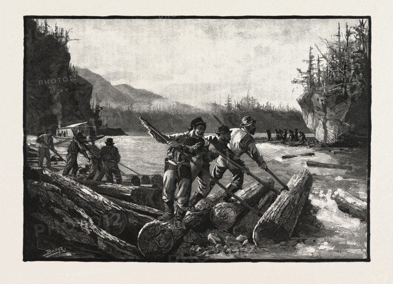 LUMBERMEN AT WORK, THE DRIVE, LUMBERING, CANADA, NINETEENTH CENTURY ENGRAVING