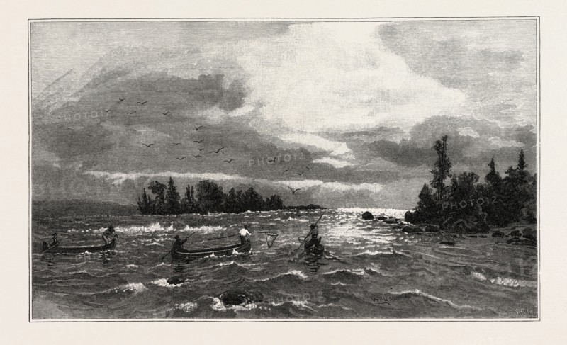THE UPPER LAKES, THE SAULT STE. MARIE RAPIDS, CANADA, NINETEENTH CENTURY ENGRAVING