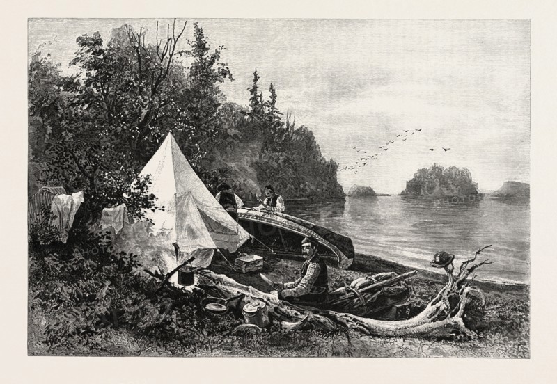 THE UPPER LAKES, CAMP ON VICTORIA ISLAND, CANADA, NINETEENTH CENTURY ENGRAVING
