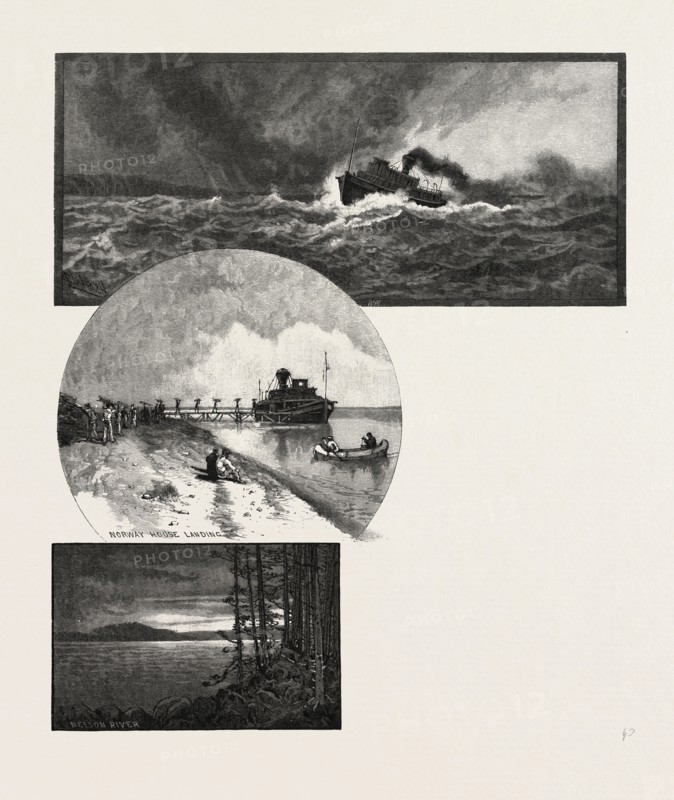 STORM ON LAKE WINNIPEG; NORWAY HOUSE LANDING, CANADA, NINETEENTH CENTURY ENGRAVING