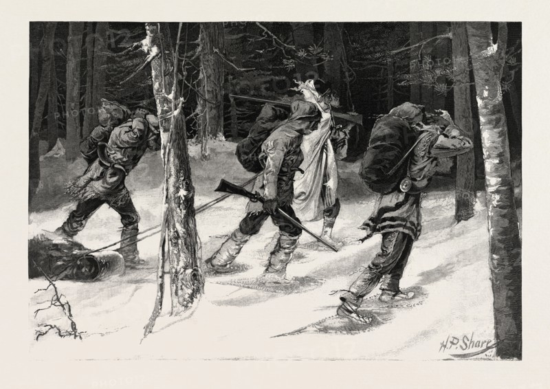 INDIAN TRAPPERS OF THE NORTH-WEST, CANADA, NINETEENTH CENTURY ENGRAVING