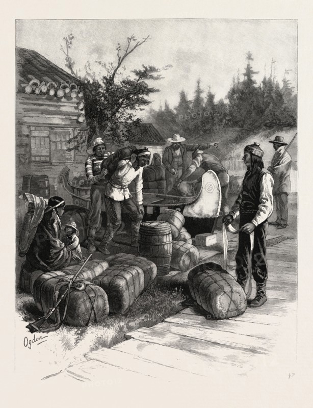 AT THE PORTAGE, Hudson's Bay Company's Employes on their annual Expedition, CANADA, NINETEENTH CENTURY ENGRAVING