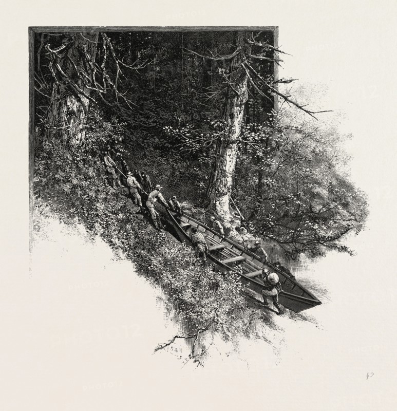 PORTAGING A BOAT, The practice of carrying a water craft, CANADA, NINETEENTH CENTURY ENGRAVING