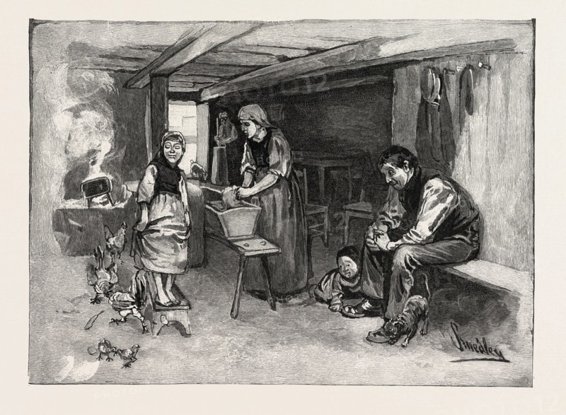 INTERIOR OF MENNONITE DWELLING, CANADA, NINETEENTH CENTURY ENGRAVING