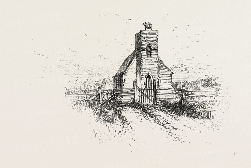 OLD CHURCH NEAR LANDING, CANADA, NINETEENTH CENTURY ENGRAVING
