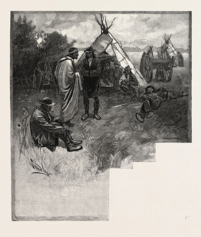 WINNIPEG TO ROCKY MOUNTAINS, CAMP, CANADA, NINETEENTH CENTURY ENGRAVING